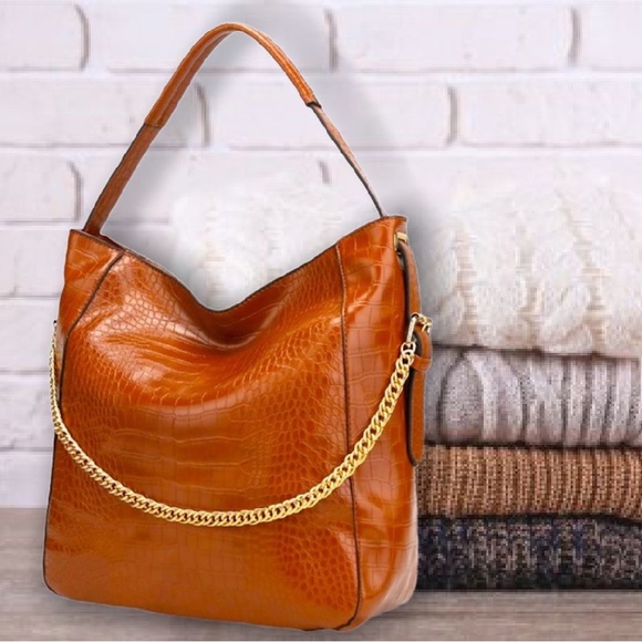 New MFK Collection By Mia K - Oday Hobo Vegan Leather Light Brown With Chain Bag - Picture 2 of 15